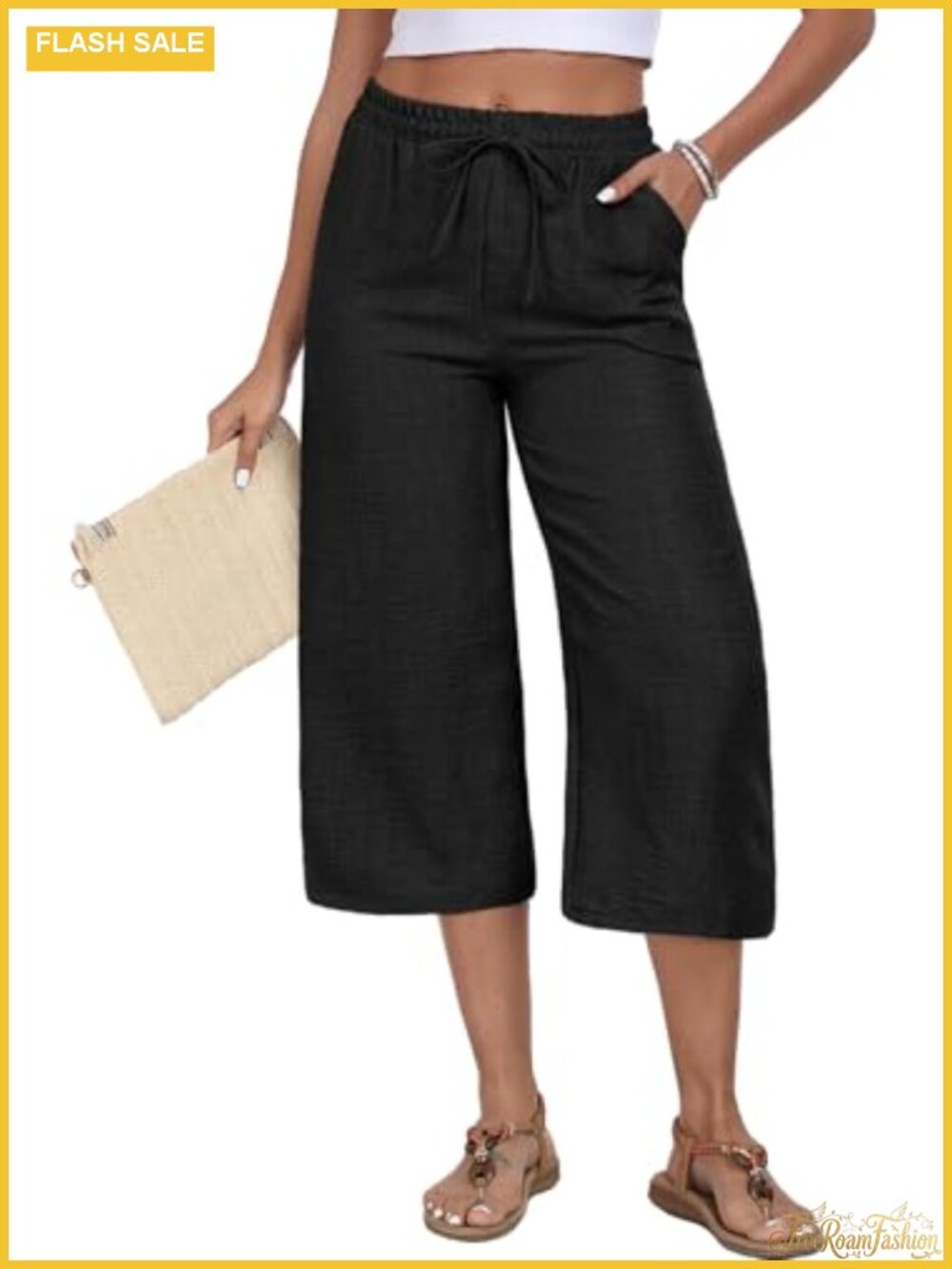 Women's Capri Pants Elastic Waist Casual Wide Leg Lounge Pants with Pockets
